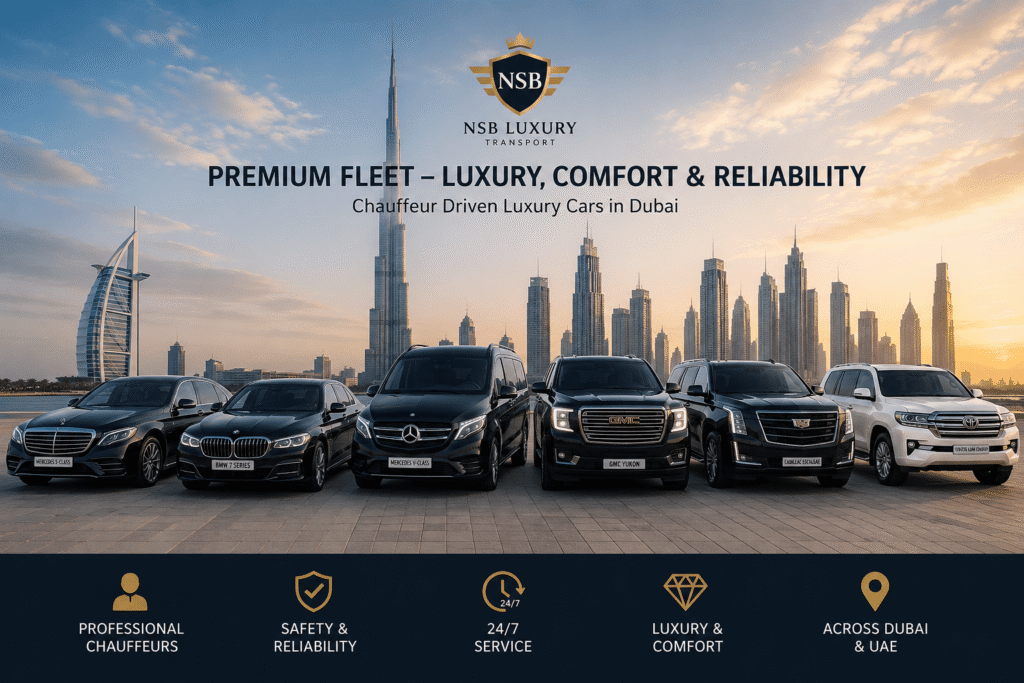 Full day car with driver in Dubai luxury fleet including Mercedes S-Class, BMW 7 Series, GMC Yukon, Cadillac Escalade, Mercedes V-Class, and SUV chauffeur service by NSB Luxury Transport.