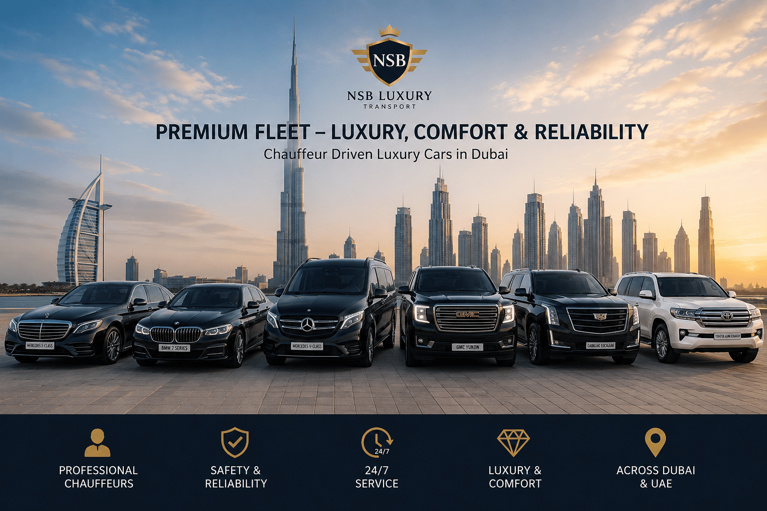 Luxury full day car with driver Dubai fleet including executive sedans, luxury sedans, SUV and Mercedes-Benz V-Class