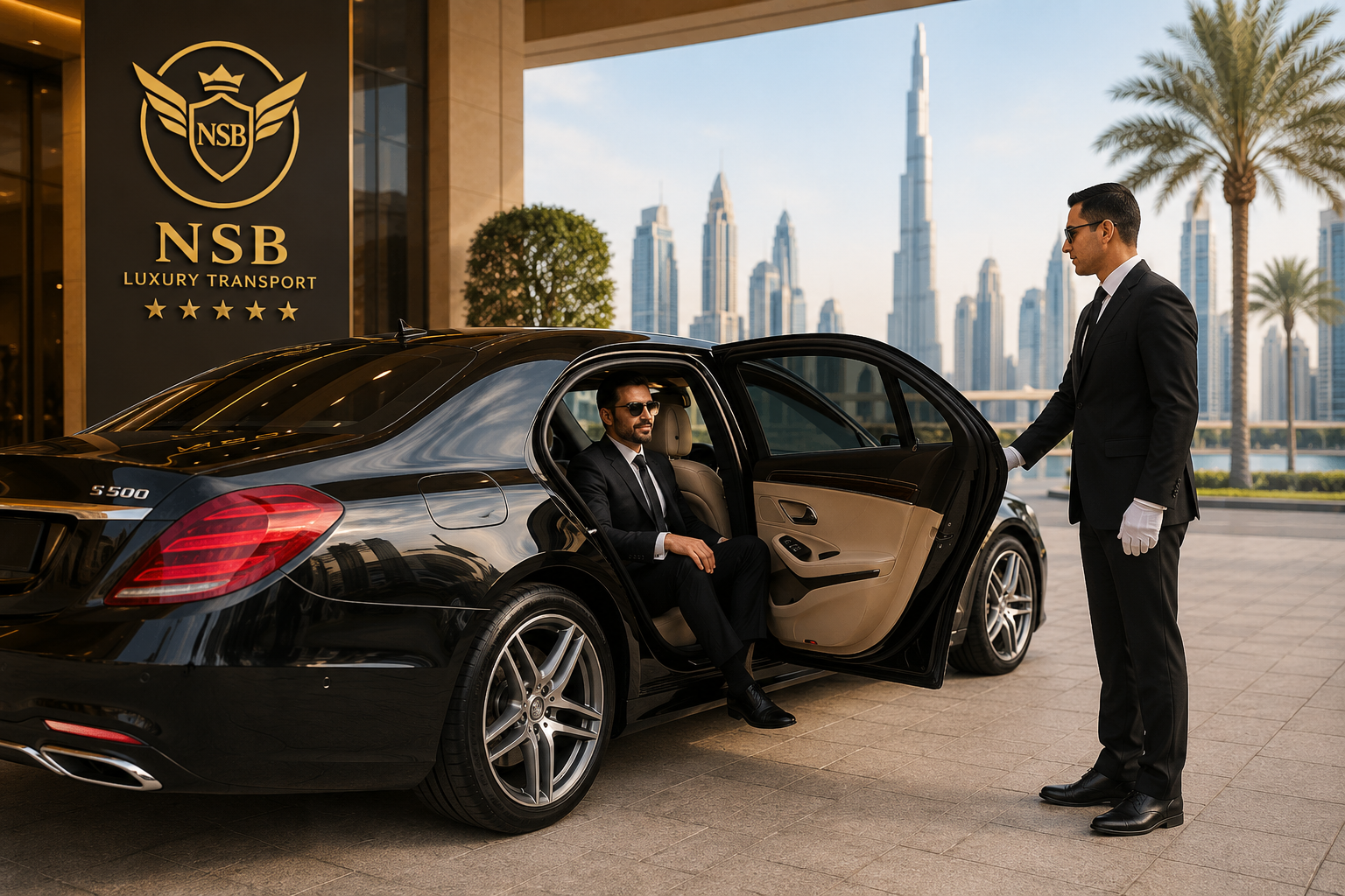 VIP client using luxury full day chauffeur service Dubai with professional driver and premium sedan by NSB Luxury Transport