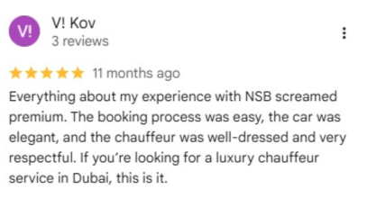 NSB Luxury Transport customer testimonials and reviews for luxury transportation Dubai