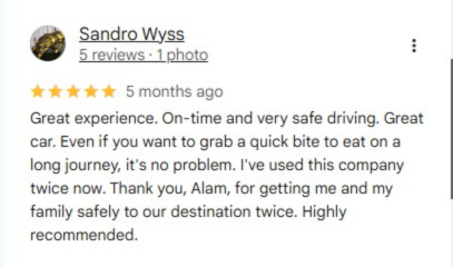 Sandro Wyss 5-star review for NSB Luxury Transport private chauffeur and family travel service