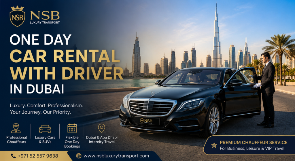 Luxury one day car rental with driver in Dubai featuring Mercedes sedan chauffeur service near Burj Khalifa skyline