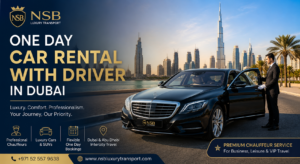Luxury one day car rental with driver in Dubai featuring Mercedes sedan chauffeur service near Burj Khalifa skyline