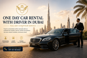 Luxury one day car rental with driver in Dubai by NSB Luxury Transport featuring premium chauffeur service and executive Mercedes sedan near Burj Khalifa.