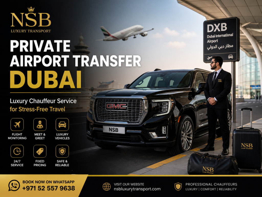 Private airport transfer Dubai with luxury SUV and professional chauffeur at Dubai International Airport