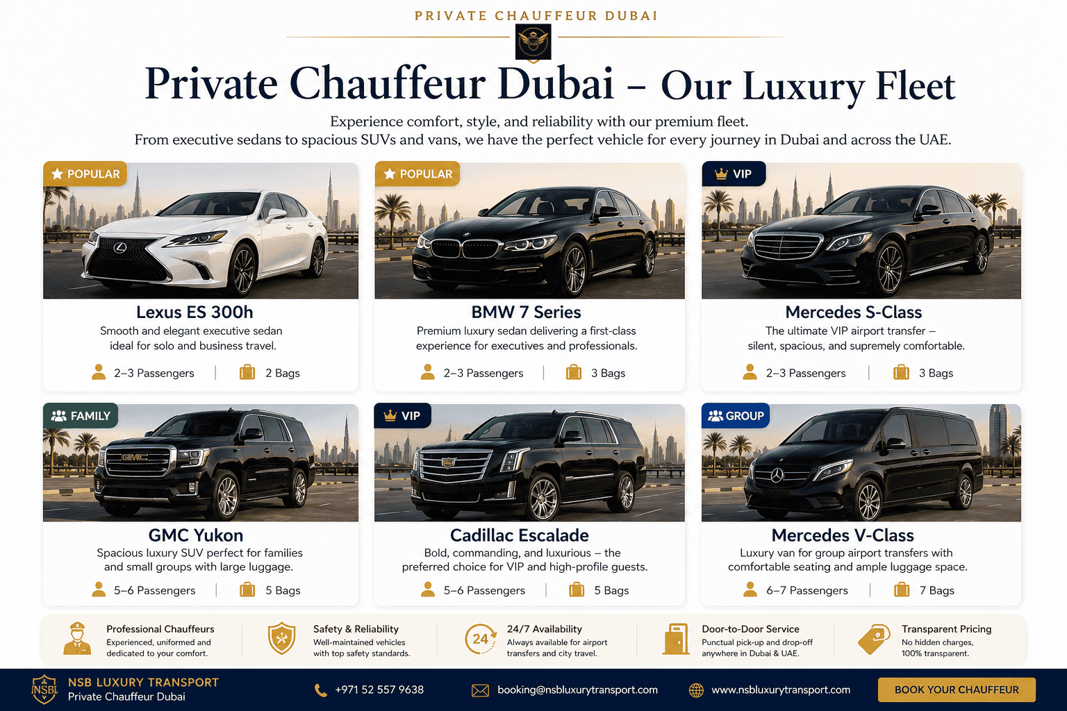 Private Chauffeur Dubai luxury fleet featuring Lexus ES 300h, BMW 7 Series, Mercedes S-Class, GMC Yukon, Cadillac Escalade, and Mercedes V-Class by NSB Luxury Transport