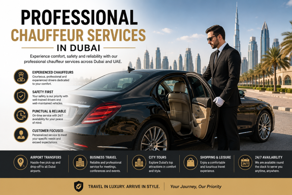 Professional chauffeur services in Dubai with luxury sedan, uniformed driver, and premium private transportation near Burj Khalifa skyline