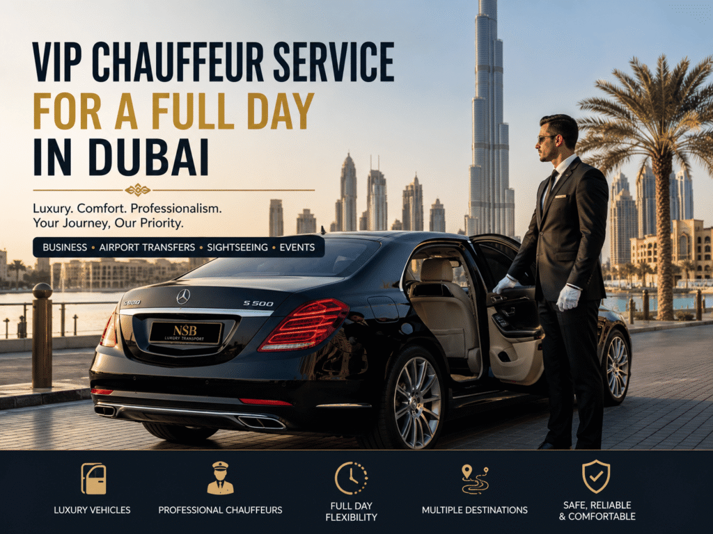 VIP chauffeur service for a full day in Dubai featuring a luxury Mercedes S-Class, professional chauffeur, and Dubai skyline with Burj Khalifa in the background.