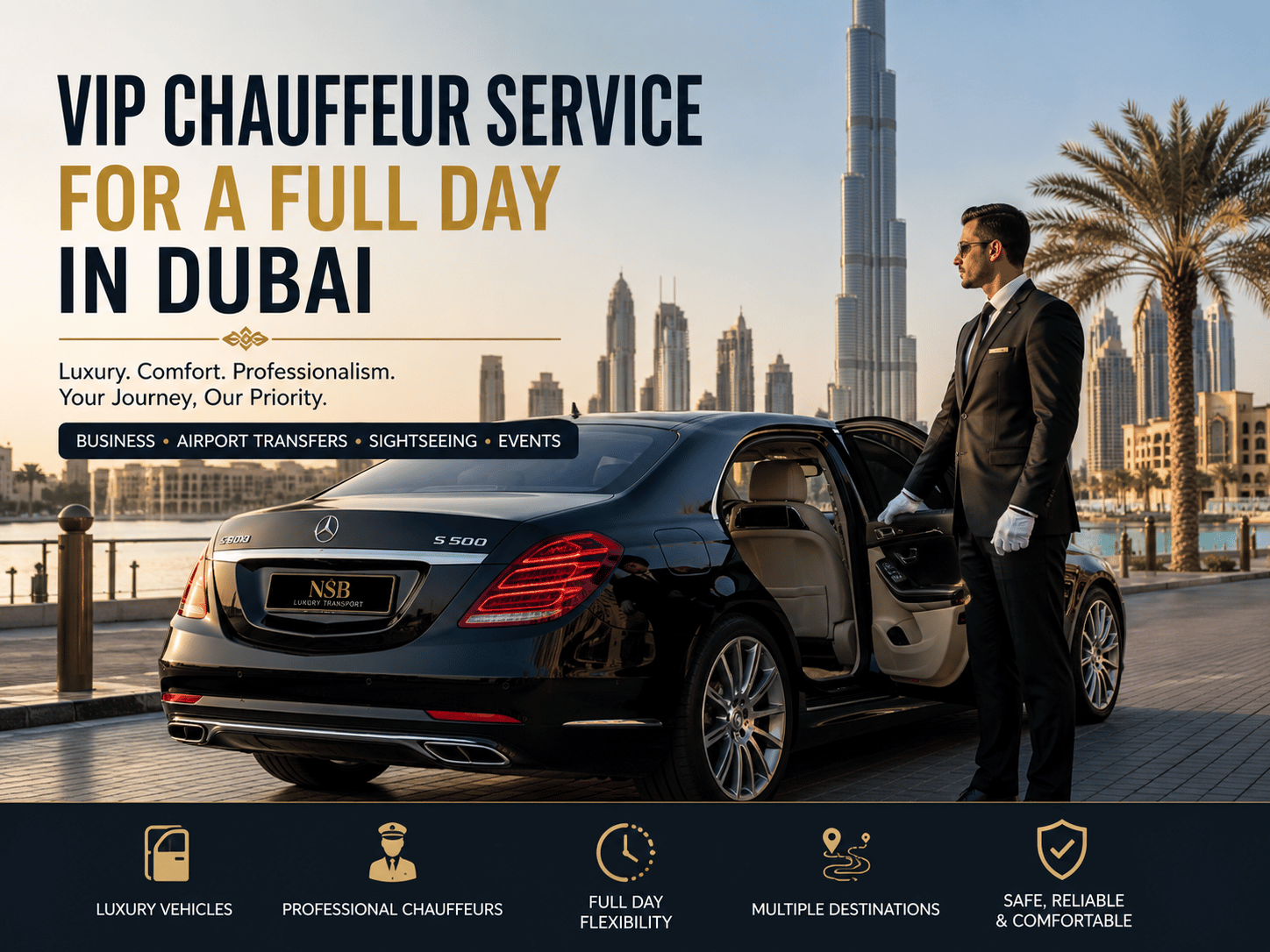 VIP chauffeur service for a full day in Dubai featuring a luxury Mercedes-Benz S-Class, professional chauffeur and Dubai skyline