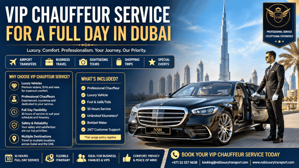VIP chauffeur service for a full day in Dubai infographic featuring a luxury Mercedes S-Class, professional chauffeur, Dubai skyline, Burj Khalifa, full-day chauffeur benefits, airport transfers, business travel, and premium transportation services.