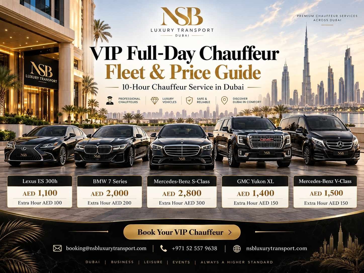 VIP full-day chauffeur fleet and price guide in Dubai showing Lexus ES 300h, BMW 7 Series, Mercedes-Benz S-Class, GMC Yukon XL and Mercedes-Benz V-Class with 10-hour rates