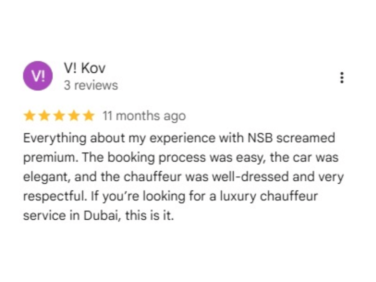 Positive client feedback for luxury airport pickup and chauffeur services in Dubai.