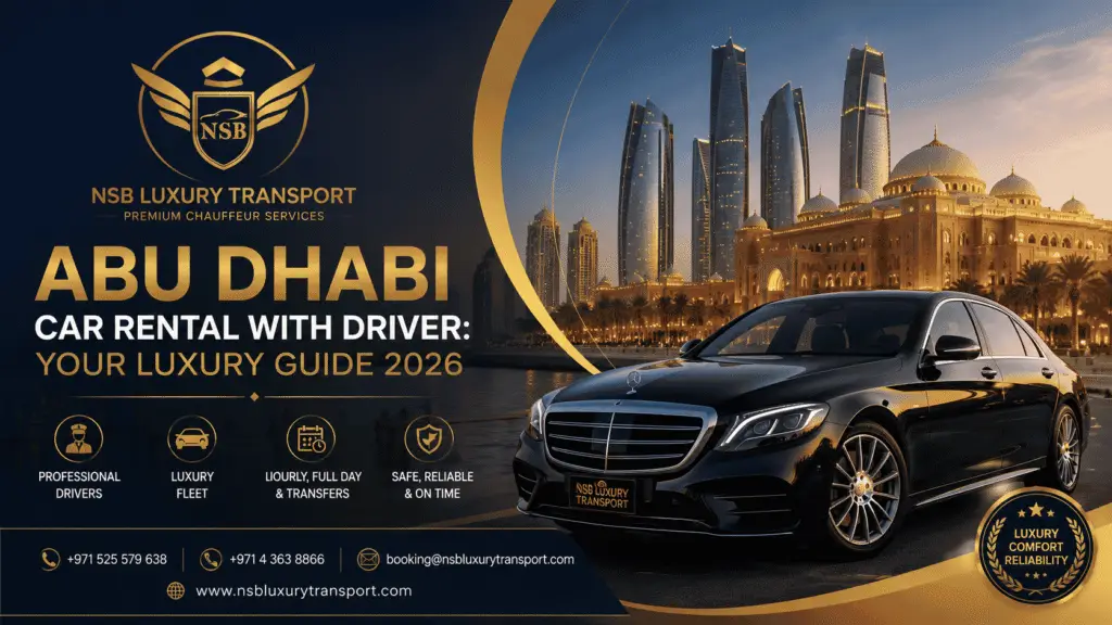 Abu Dhabi car rental with driver luxury chauffeur service by NSB Luxury Transport featuring premium Mercedes sedan and Abu Dhabi skyline