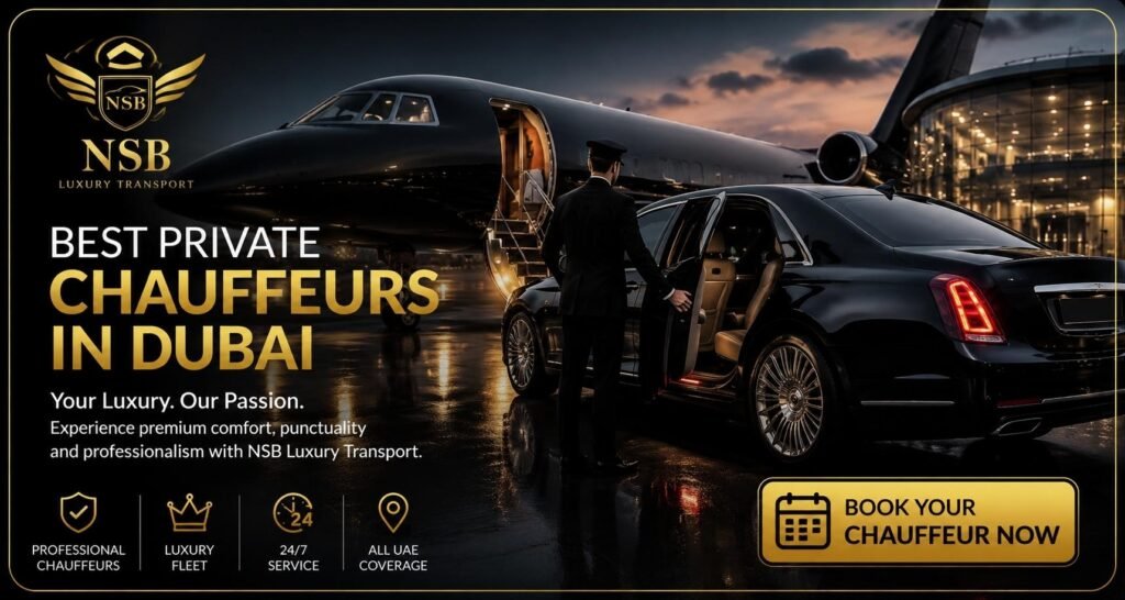 Best private chauffeurs in Dubai with luxury car, professional driver, and NSB Luxury Transport logo