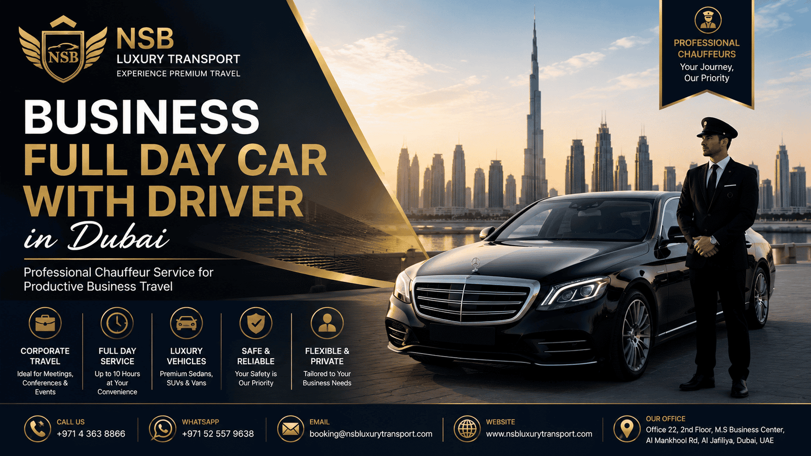 Business full day car with driver in Dubai featuring a luxury Mercedes-Benz sedan, professional chauffeur, Dubai skyline, executive transportation, corporate travel service, VIP business chauffeur, and NSB Luxury Transport