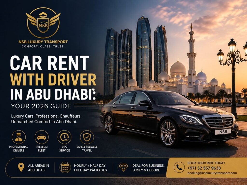 Car rent with driver in Abu Dhabi luxury chauffeur service with Mercedes sedan near Sheikh Zayed Grand Mosque