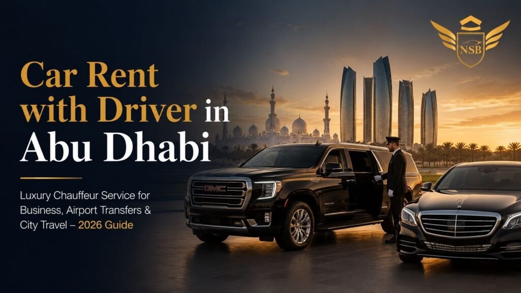 Luxury car rent with driver in Abu Dhabi featuring GMC Yukon XL and Mercedes S-Class chauffeur service by NSB Luxury Transport