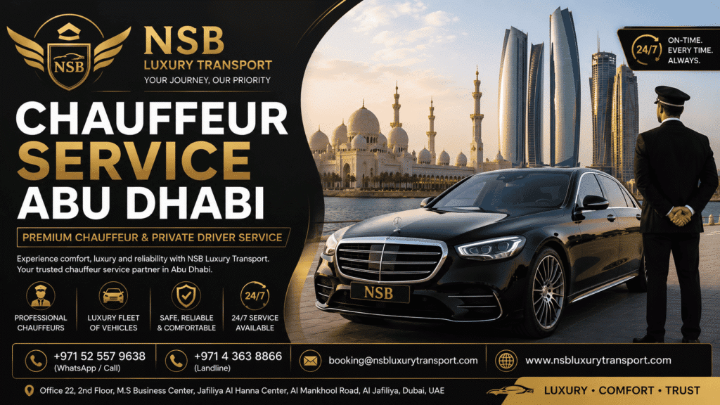 Chauffeur service Abu Dhabi with luxury black Mercedes sedan and professional private driver near Abu Dhabi skyline by NSB Luxury Transport