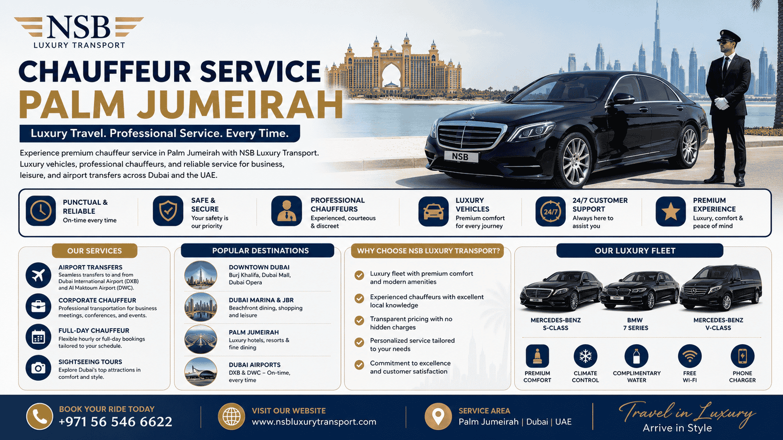 Luxury chauffeur service infographic featuring premium sedan, professional chauffeur, Palm Jumeirah landmarks, airport transfers, corporate travel, and luxury transportation services in Dubai.