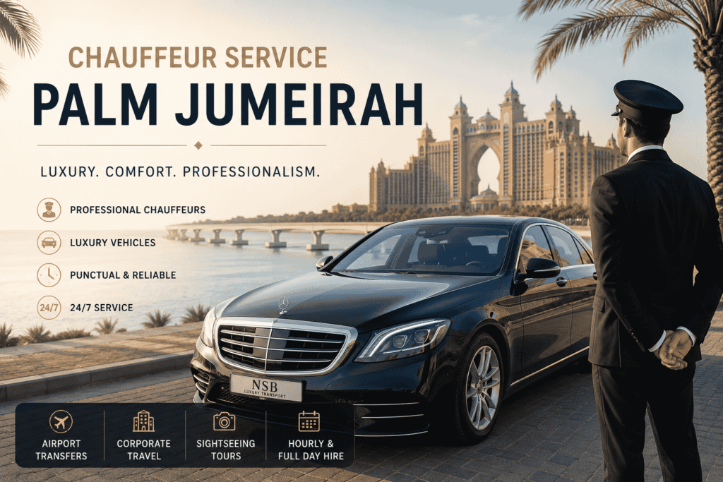 Luxury chauffeur standing beside a premium sedan near Palm Jumeirah waterfront with Atlantis hotel in the background, Dubai luxury transportation service.