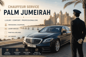 Luxury chauffeur standing beside a premium sedan near Palm Jumeirah waterfront with Atlantis hotel in the background, Dubai luxury transportation service.