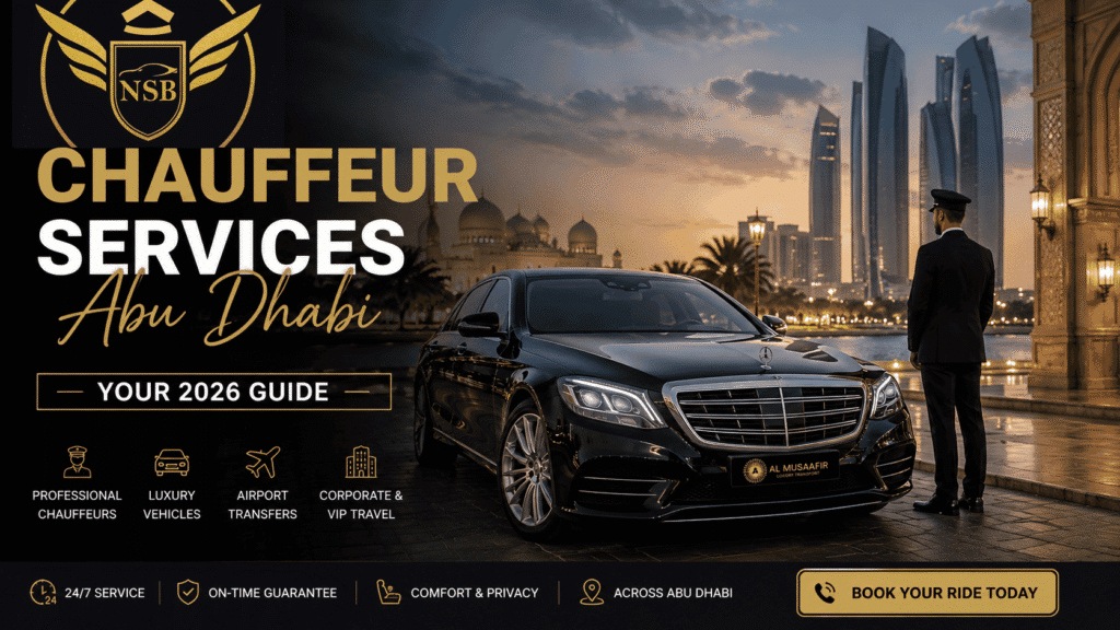 Chauffeur Services Abu Dhabi 2026 Guide featuring luxury chauffeur-driven Mercedes sedan and professional private driver in Abu Dhabi