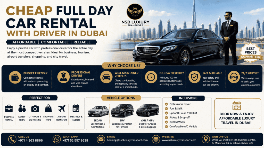 Cheap full day car rental with driver in Dubai infographic showing affordable chauffeur service, luxury sedan, professional driver, vehicle options, airport transfers, city tours, business travel, family transportation, and NSB Luxury Transport Dubai