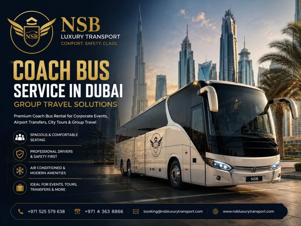 Luxury coach bus service in Dubai by NSB Luxury Transport for group travel, corporate events, airport transfers, and city tours