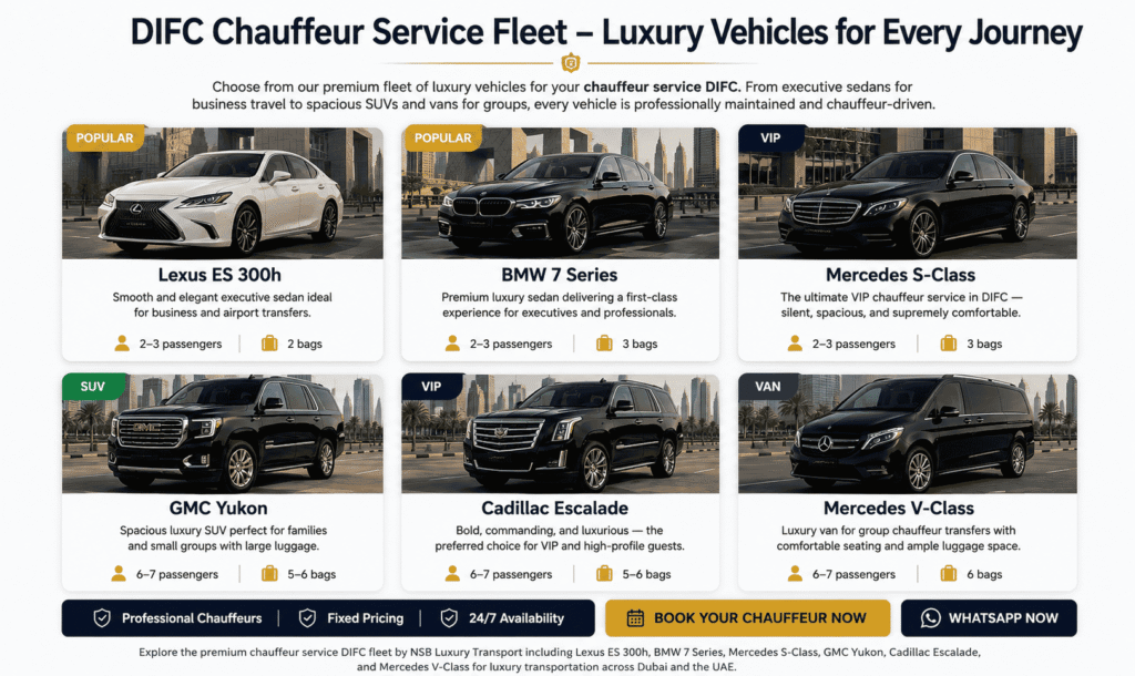 Luxury chauffeur service DIFC fleet with Lexus ES 300h, BMW 7 Series, Mercedes S-Class, GMC Yukon, Cadillac Escalade and Mercedes V-Class by NSB Luxury Transport