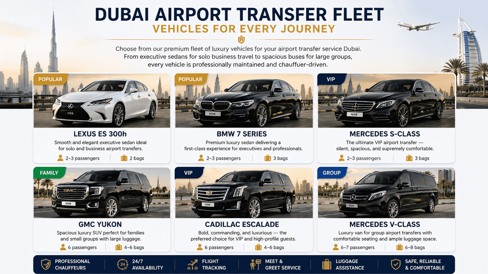 Luxury airport transfer fleet in Dubai featuring Lexus ES300h, BMW 7 Series, Mercedes S-Class, GMC Yukon, Cadillac Escalade, and Mercedes V-Class