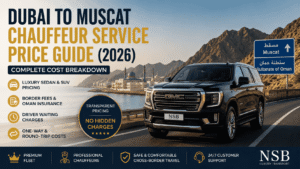 Luxury GMC SUV on the Dubai to Muscat route showcasing Dubai to Muscat chauffeur service price guide with border fees, Oman insurance, and transfer cost information.