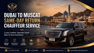 Luxury SUV for Dubai to Muscat same-day return chauffeur service with Muscat city skyline, premium private transfer, border assistance, and NSB Luxury Transport branding.