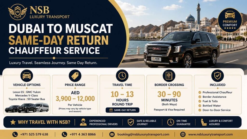 Dubai to Muscat same-day return chauffeur service infographic showing luxury vehicle options, travel time, border crossing duration, pricing, and premium transfer benefits by NSB Luxury Transport.