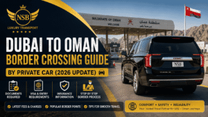 Dubai to Oman border crossing guide showing private car travel route, border checkpoint procedures, passport requirements, visa information, and luxury chauffeur service from Dubai to Muscat.