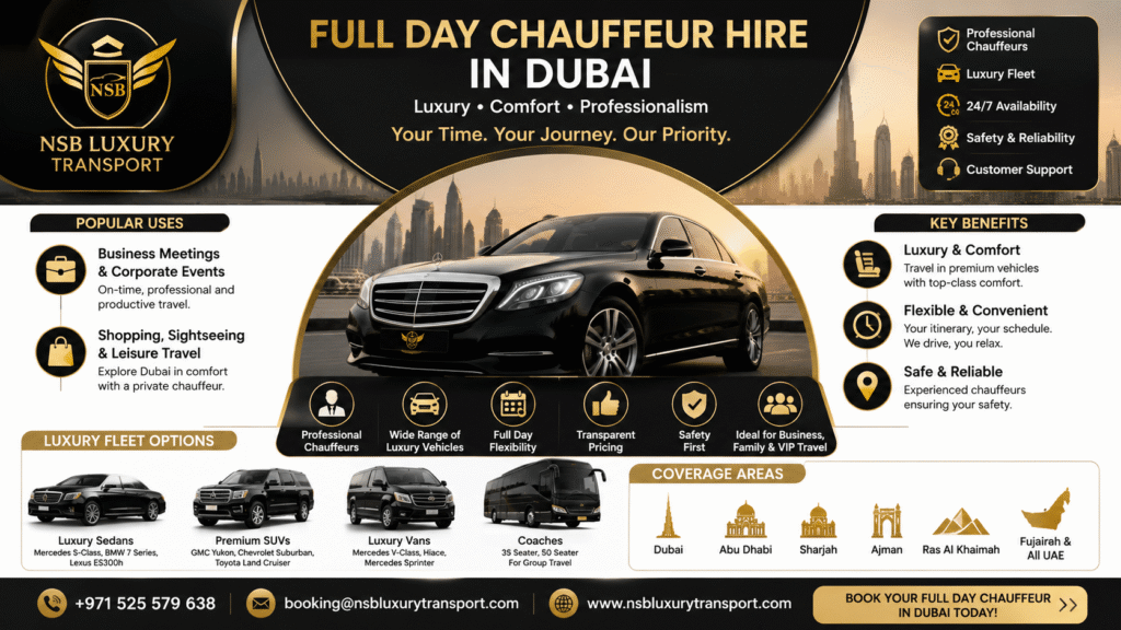 Full day chauffeur hire in Dubai infographic showing luxury chauffeur services, premium vehicles, business travel, airport transfers, and UAE-wide transportation by NSB Luxury Transport