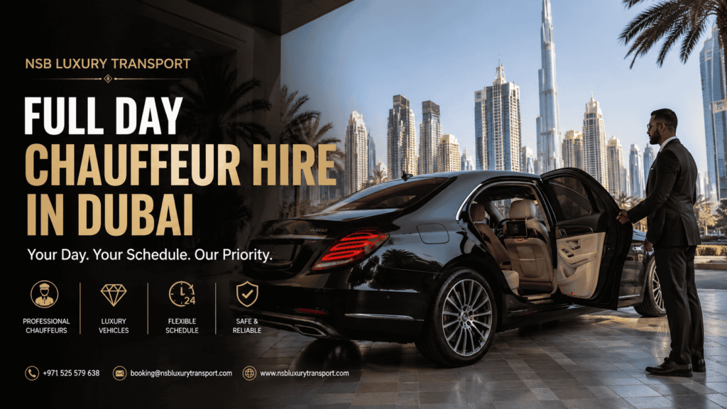 Luxury chauffeur opening a premium sedan for a client in Downtown Dubai with skyline views and professional transportation service.