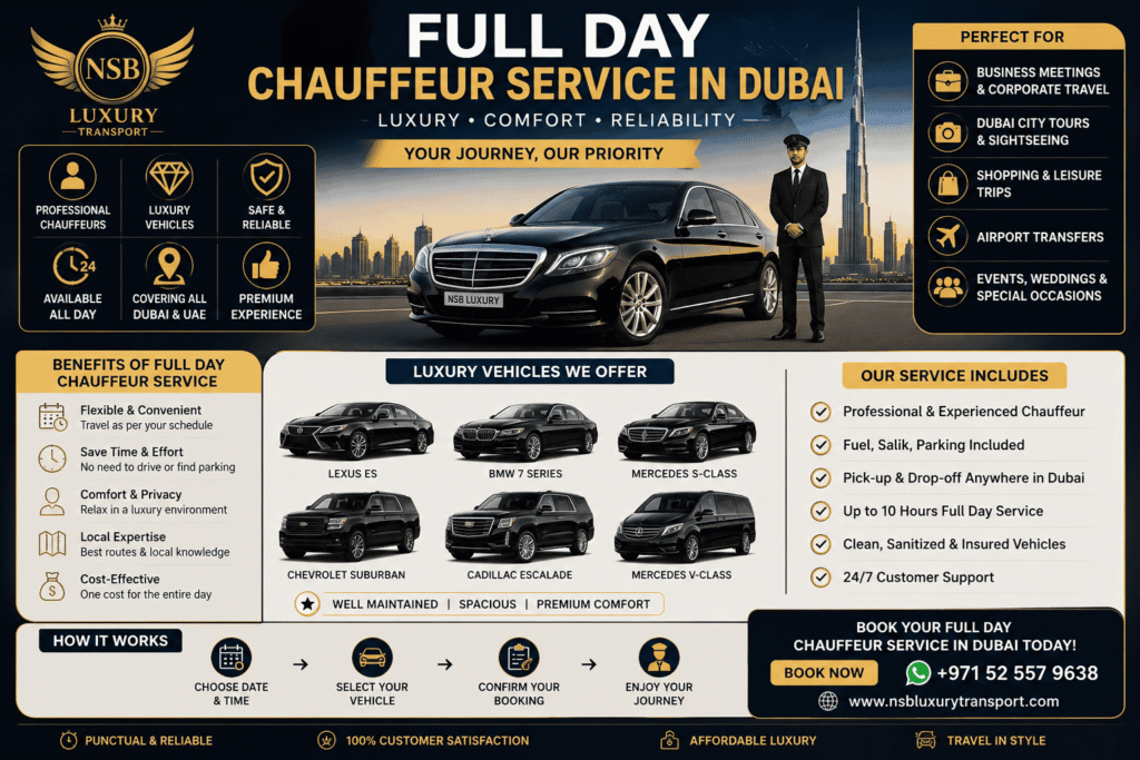 Full day chauffeur service in Dubai with luxury chauffeur, premium Mercedes sedan, Dubai skyline, airport transfers, business travel, city tours, and VIP transportation by NSB Luxury Transport