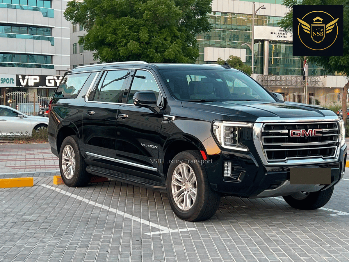 GMC Yukon XL luxury chauffeur SUV front exterior view in Dubai by NSB Luxury Transport