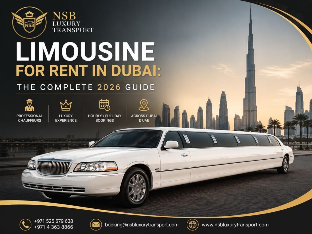 White stretch limousine chauffeur service in Dubai with luxury skyline background by NSB Luxury Transport