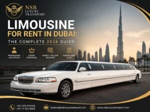 White stretch limousine chauffeur service in Dubai with luxury skyline background by NSB Luxury Transport