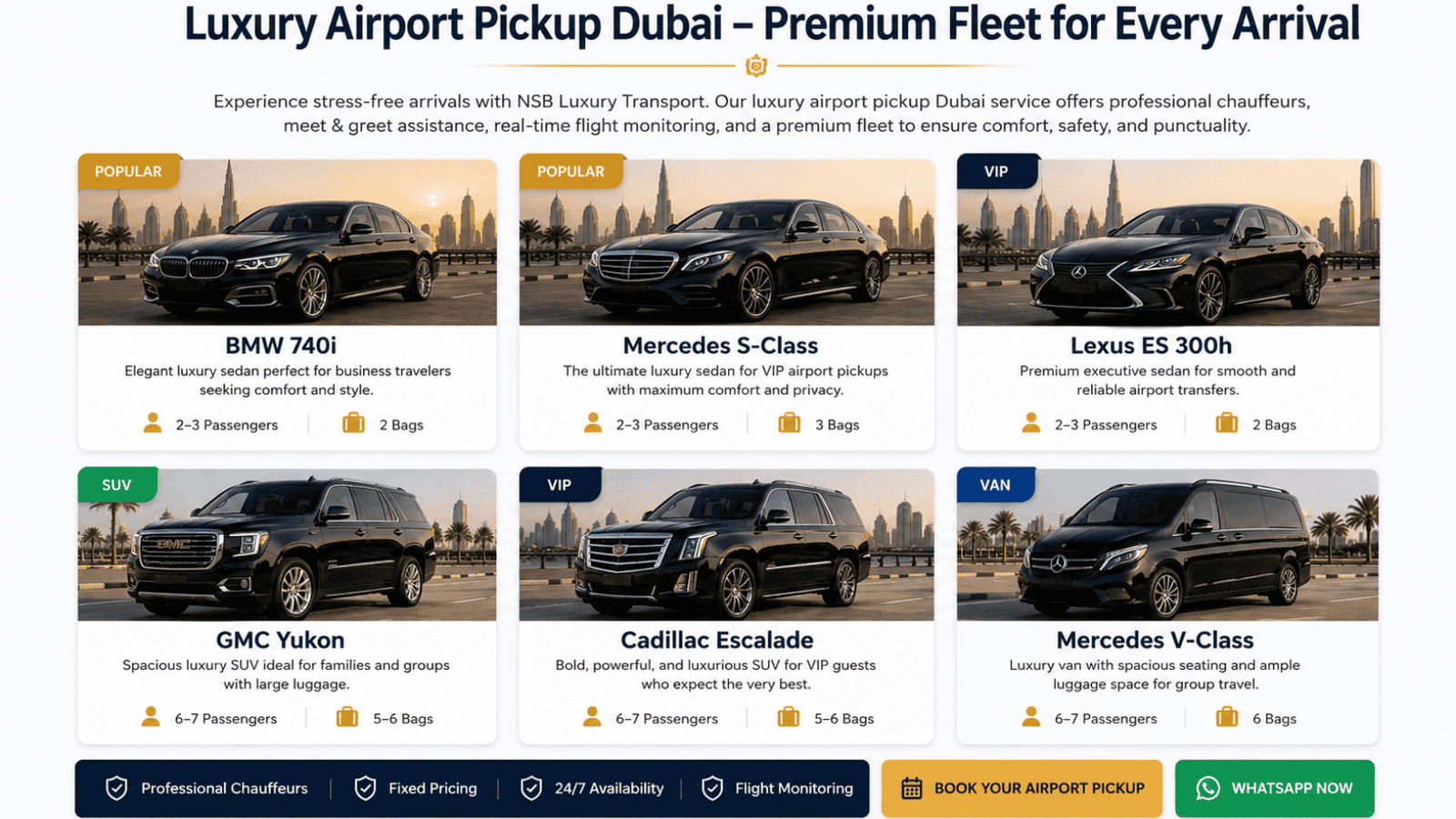 Premium airport transfer fleet featuring luxury sedans, SUVs, and executive vans available for airport pickup and chauffeur transportation in Dubai.