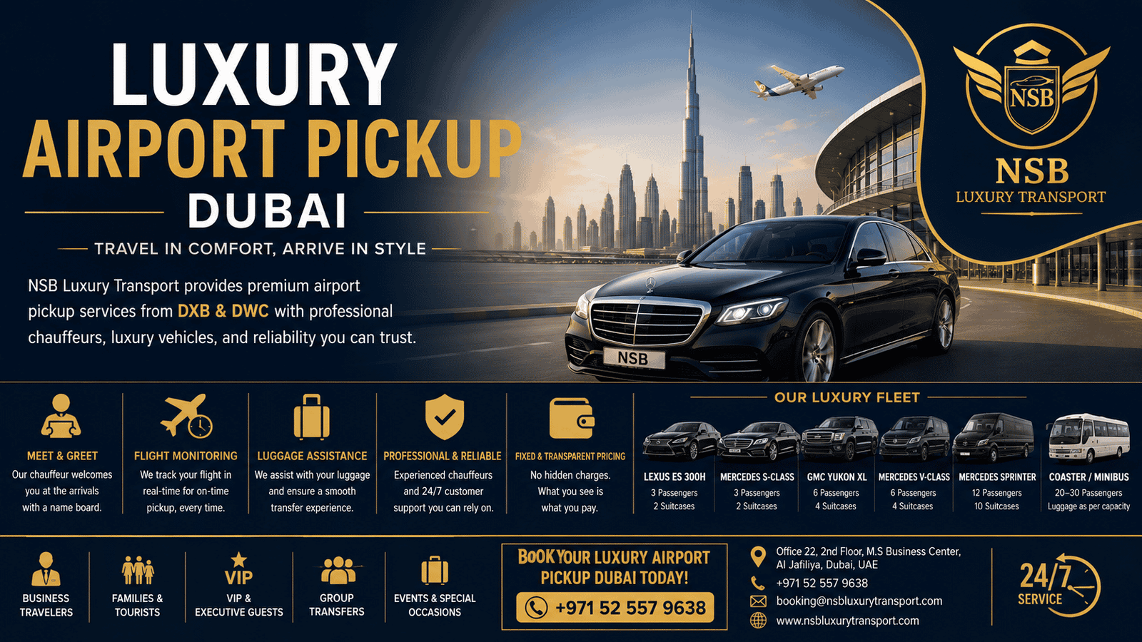 Infographic showing luxury airport pickup services in Dubai with premium chauffeur vehicles, airport meet and greet, flight tracking, and executive transportation options.
