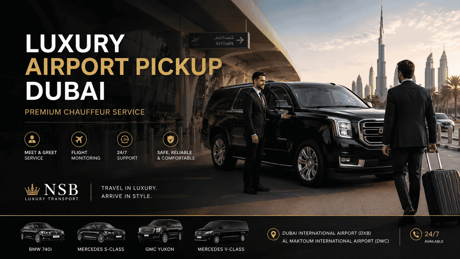 Professional chauffeur welcoming airport passenger beside a luxury GMC Yukon SUV outside Dubai airport terminal with premium transportation service.