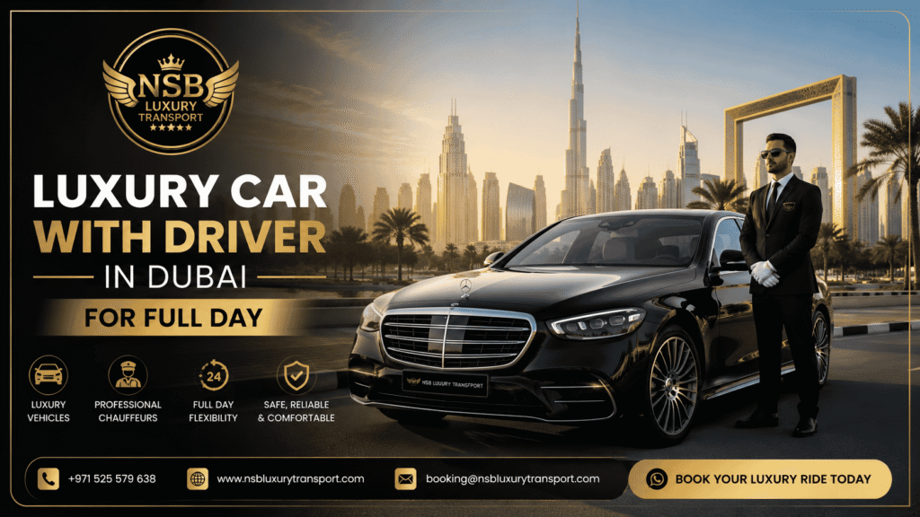 Luxury car with driver in Dubai for full day featuring premium chauffeur service, luxury Mercedes sedan, professional chauffeur, Dubai skyline, business travel, airport transfers, and VIP transportation