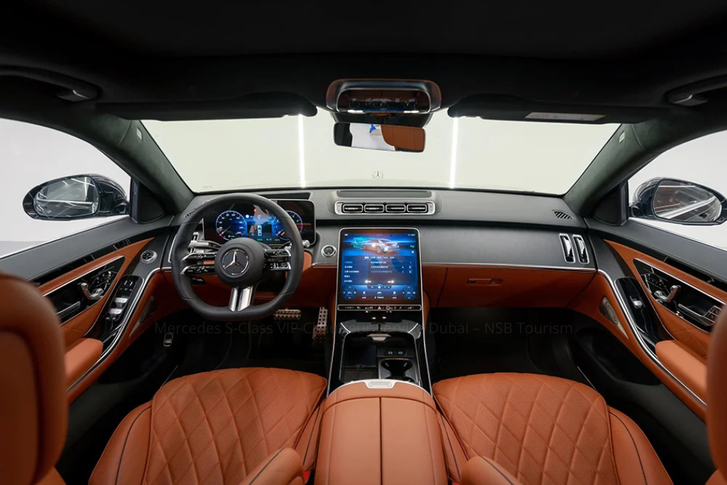 Mercedes S-Class luxury chauffeur sedan front exterior view in Dubai