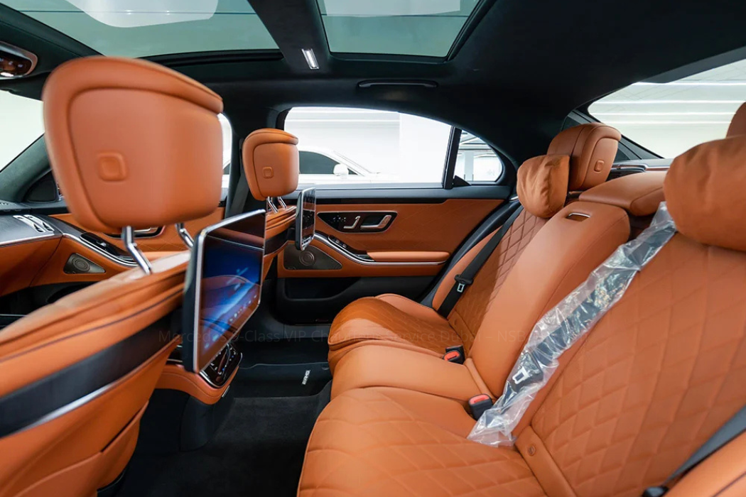 Mercedes S-Class luxury chauffeur sedan front exterior view in Dubai