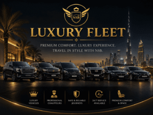 Luxury chauffeur fleet featuring GMC Yukon XL, Chevrolet Suburban, Mercedes V-Class, Cadillac Escalade, BMW 7 Series, and Lexus ES sedan with Dubai skyline background.