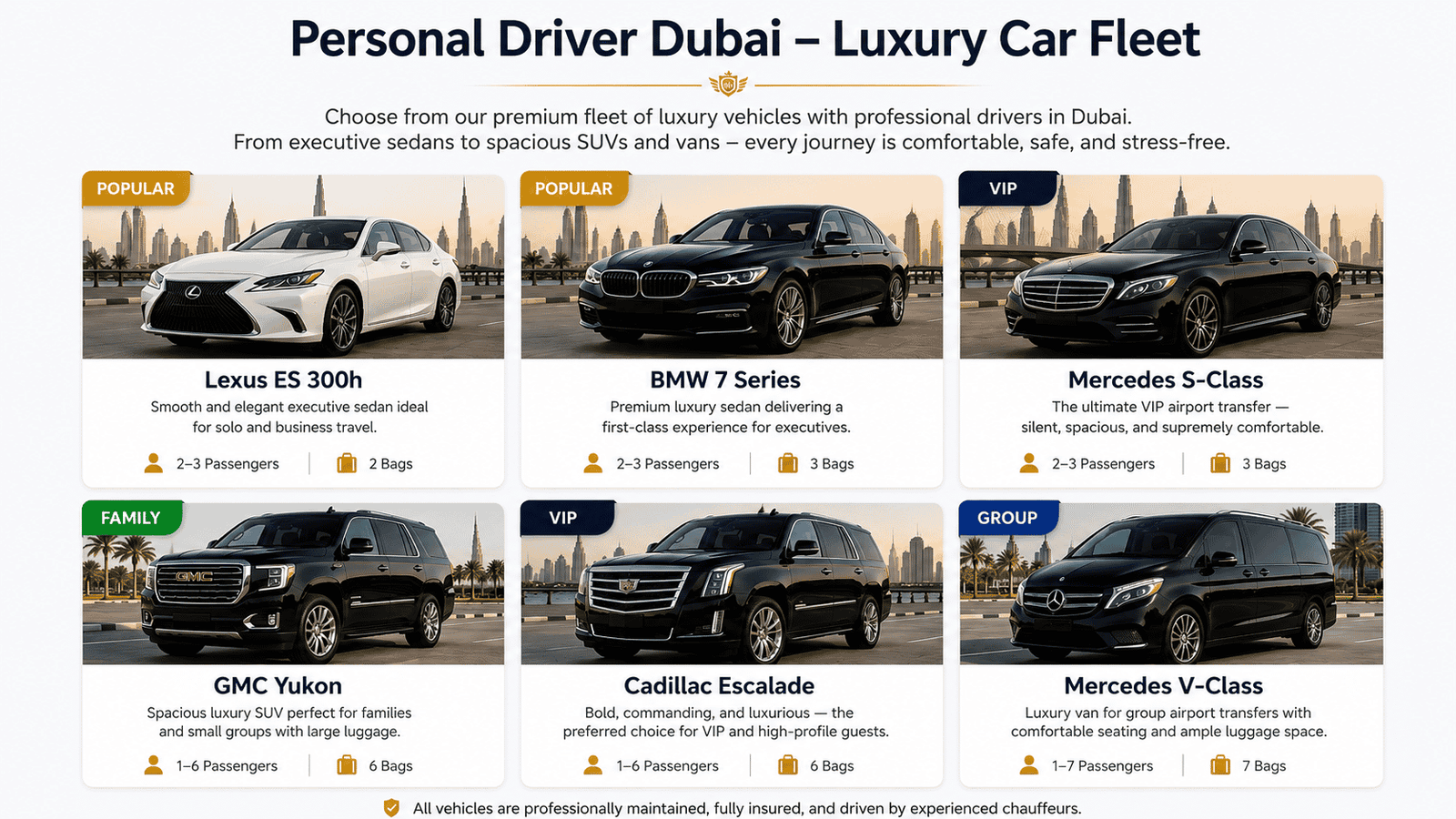 Luxury vehicle fleet including Lexus ES 300h, BMW 7 Series, Mercedes S-Class, GMC Yukon, Cadillac Escalade, and Mercedes V-Class for private driver services in Dubai