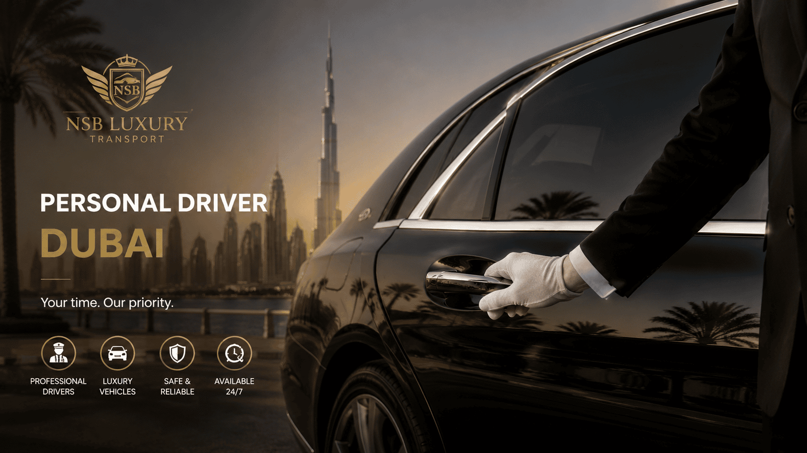 Professional chauffeur beside a luxury sedan in Dubai offering private driver services with premium transportation and VIP travel support