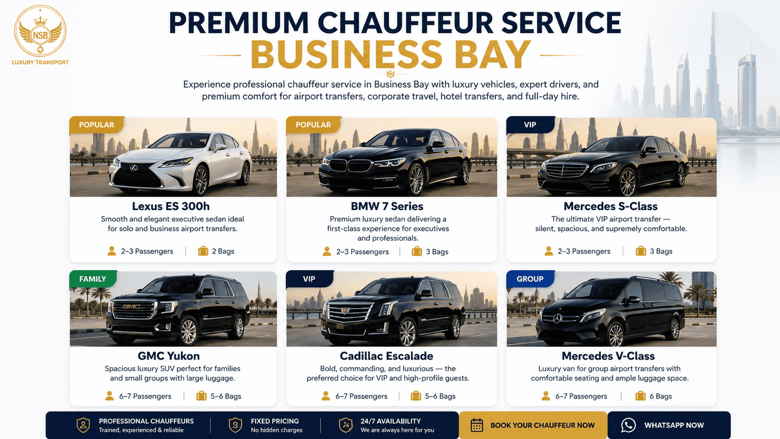 Luxury chauffeur service Business Bay fleet by NSB Luxury Transport